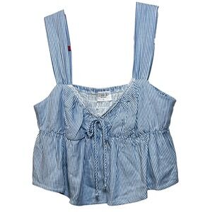 Sienna Sky Blue White Striped Peplum Crop Top Smocked Back Rayon Linen